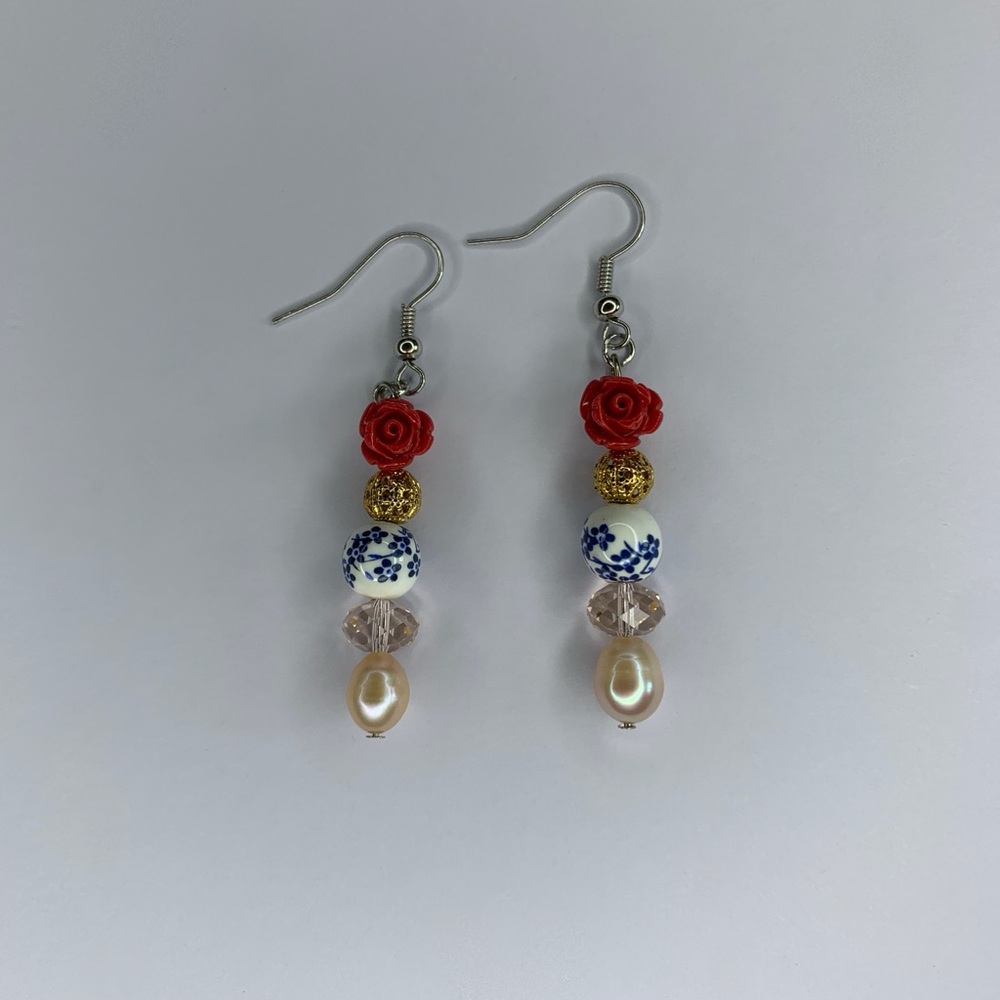 🇪🇸 “ Barcelona Bloom “ Handmade Elegant Red and Gold Pearl Floral Earrings